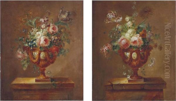 Deux Bouquets De Fleurs Dans Des Vases En Bronze Sur Des Entablements De Pierre Oil Painting by Joseph Laurent Malaine