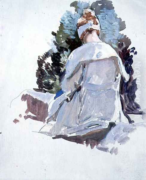 Woman in a white dress sitting upon rocks Oil Painting by Harry Watson