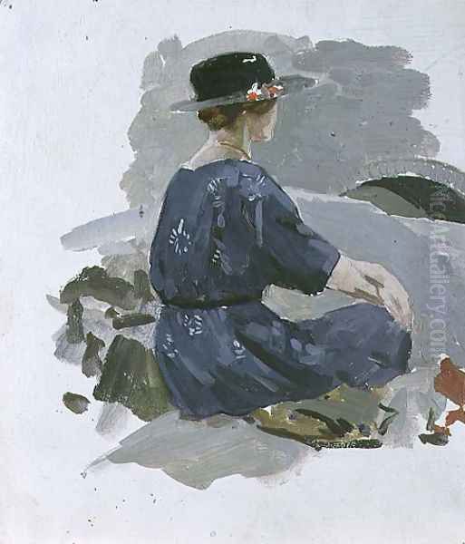 Woman in a blue dress and wide brimmed hat sitting upon rocks Oil Painting by Harry Watson