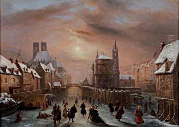 Village Sous La Neige Avec Des Patineurs Sur Le Fleuve Oil Painting by Louis Claude Malbranche