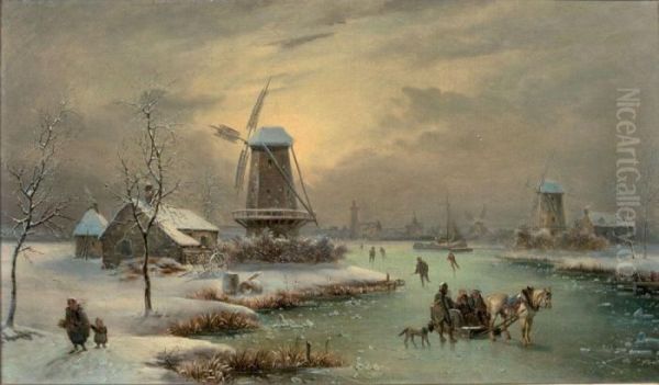 Chariot Et Patineurs Sur Une Riviere Gelee Oil Painting by Louis Claude Malbranche