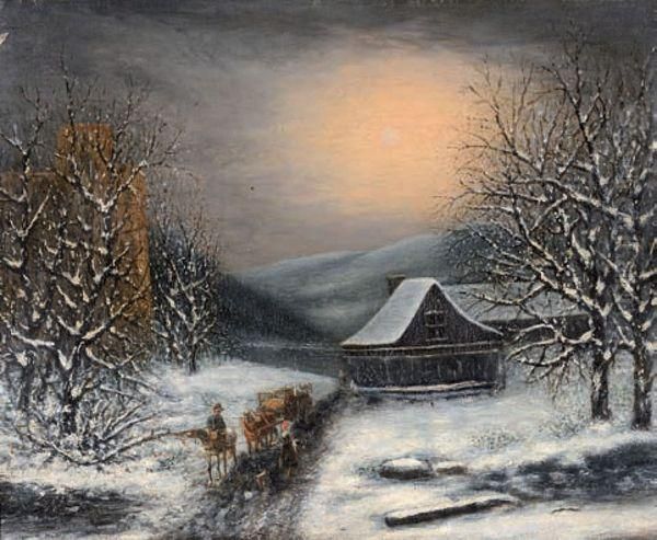 Charrette De Foin Dans La Neige Oil Painting by Louis Claude Malbranche