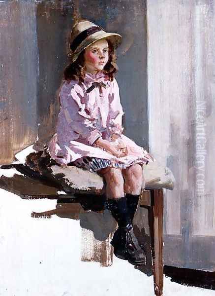 Portrait of a young girl in a pink dress and a straw hat Oil Painting by Harry Watson