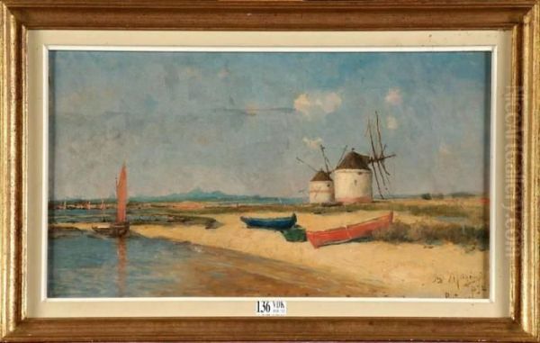 Barques Echouees Sur Une Plage Au Portugal Oil Painting by Charles Malfroy