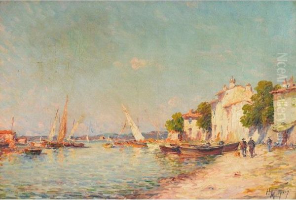 Boats On Mediterranean Shore- Les Martigues?; Fish Market At The Pier Oil Painting by Henri Malfroy