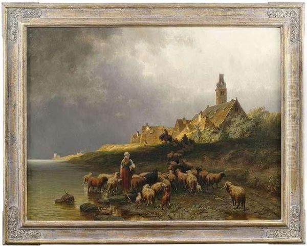 Hollandische Uferlandschaft Mit Heimkehrender Schafherde Oil Painting by Christian Friedrich Mali