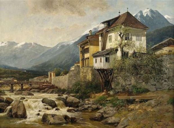 Gebirgslandschaft Bei Lana/meran Oil Painting by Christian Friedrich Mali