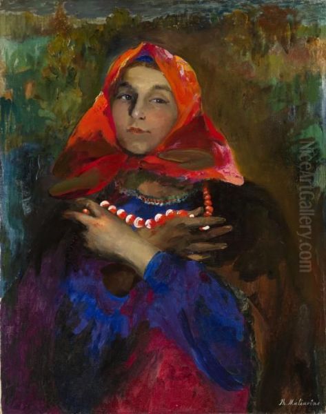 Russian Maiden In A Red Headscarf Oil Painting by Philippe Andreevitch Maliavine