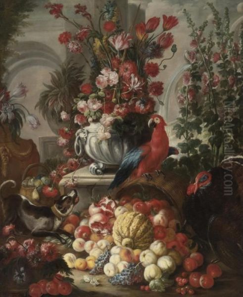 Still Life Of Fruit And Flowers With A Dog, A Parrot And A Turkey Oil Painting by Nicola Malinconico