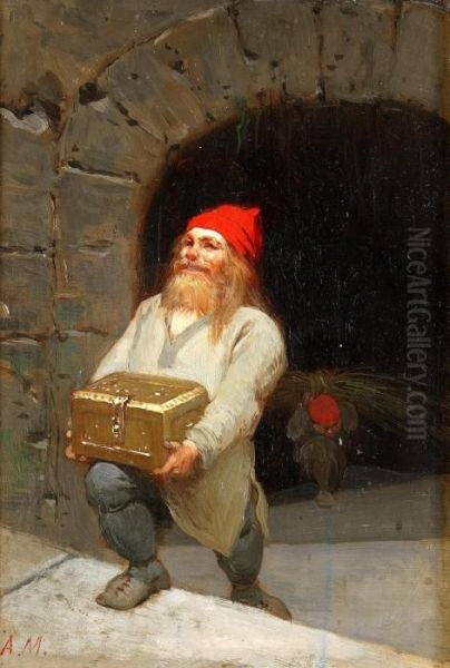 Tomte Med Skattkista Oil Painting by August Malmstrom