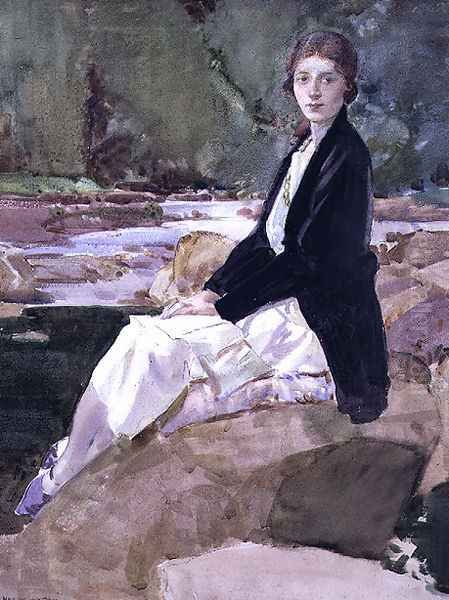 Young woman sitting upon rocks Oil Painting by Harry Watson