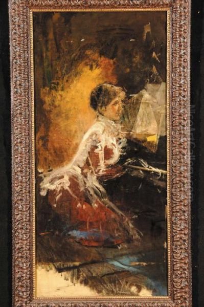 Signora Al Pianoforte Oil Painting by Antonio Mancini