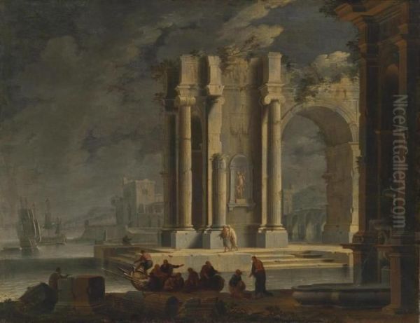 A Southern Seaport With Roman Ruins Oil Painting by Adriaen Manglard