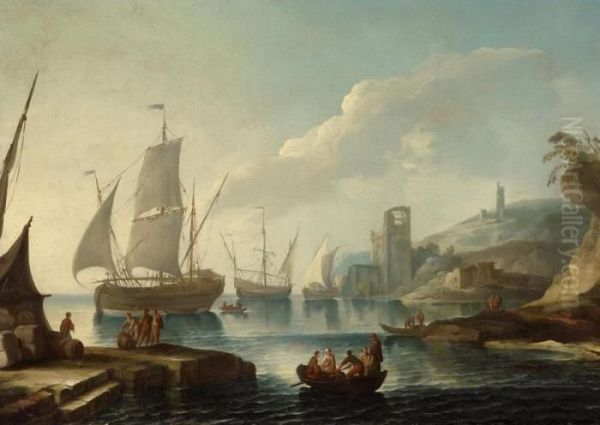 Idealized Harbour View With Figural Staffage Oil Painting by Adriaen Manglard