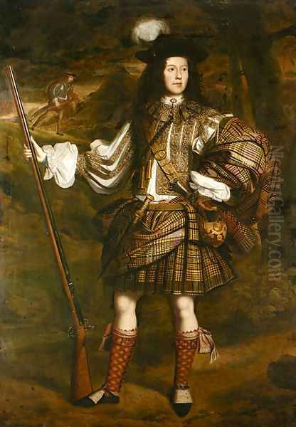 A Highland Chieftain Portrait of Lord Mungo Murray (1668-1700), full-length, in highland dress, holding a flintlock sporting gun in his right hand Oil Painting by John Michael Wright