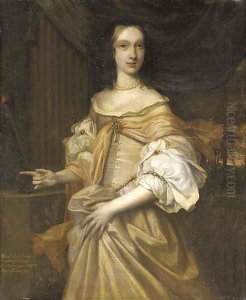 Portrait of Lady Catherine Dormer, three-quarter-length, in a pink dress with jewels and a pearl necklace, by a column Oil Painting by John Michael Wright