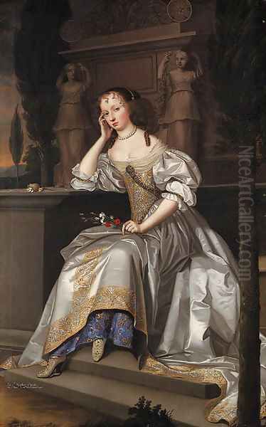 Portrait of Elizabeth, Countess of Westmorland, full-length, seated in a white satin dress with gold and silver brocade Oil Painting by John Michael Wright