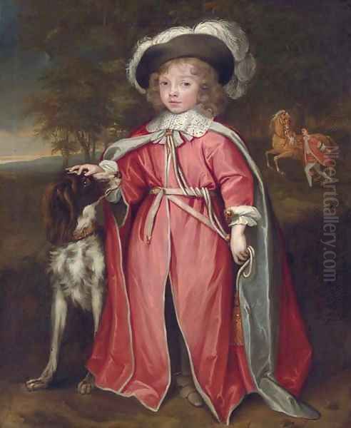 Portrait of a boy, possibly Philip, 7th Earl of Pembroke (1652-1683), full-length, in robes of the Order of the Bath, with his hound Oil Painting by John Michael Wright