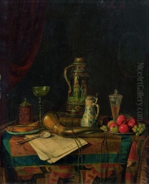 1-chopes, Livre, Verres, 
Assiette De Fruits, Harengs, Corne Et Journal Sur Un Entablement Oil Painting by Josef Mansfeld