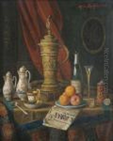 Stilleben Mit Porzellan, Obst, Sektflasche Und Deckelhumpen Oil Painting by Moritz Mansfeld