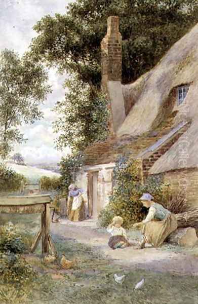 Figures by a Cottage Oil Painting by Robert Hollands Walker