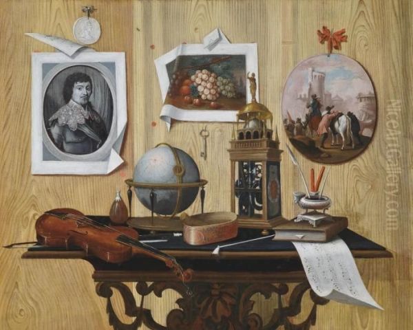 A Trompe L'oeil Of A Print And 
Two Paintings, A Key, A Violin, A Globe, A Clock, A Sheet Of Music And 
Other Objects On A Table Oil Painting by Antonio Mara Lo Scarpetta