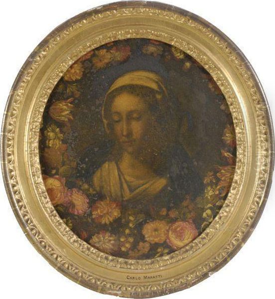 The Virgin Within A Floral Bower Oil Painting by Carlo Maratta or Maratti