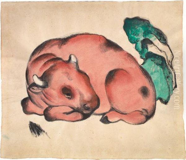 Liegender Roter Stier - Tierstudie Iii Oil Painting by Franz Marc