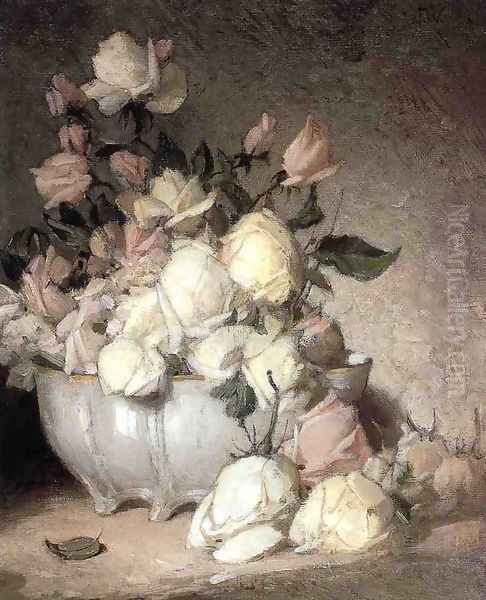 Roses in a Porcelain Bowl Oil Painting by John Ferguson Weir