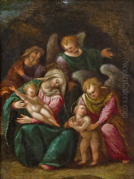 Die Heilige Familie Mit Johannesknaben Und Zwei Engeln Oil Painting by Girolamo Marchesi da Cotignola