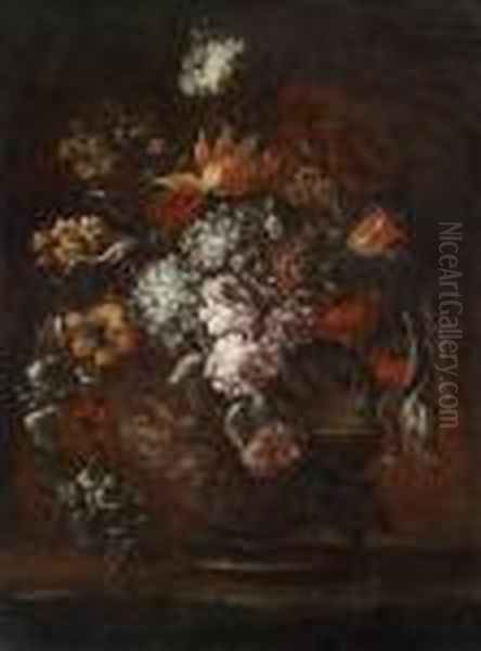 A Large Bouquet Of Flowers In A Globular Glass Vase Oil Painting by Elisabetta Marchioni Active Rovigo