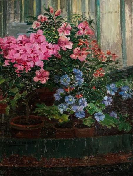 Blumentopfe Mit Azaleen Und Blauen Topfblumen Vor Wintergartenfenstern Oil Painting by Marie-Antoinette Marcotte