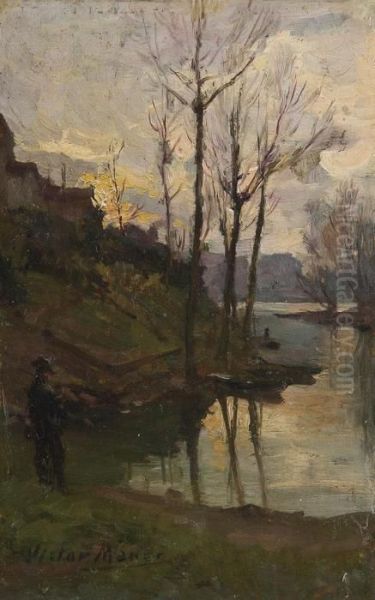 Spring Landscape At Dusk With Figure Oil Painting by Victor Marec