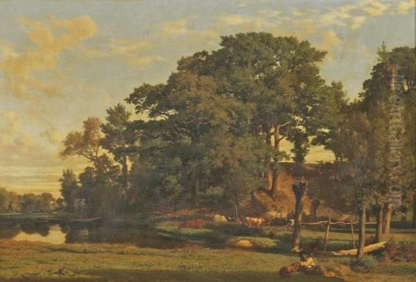 A Drover And Cattle In A River Landscape, A Man And His Dog Oil Painting by Prosper Georges Ant. Marilhat