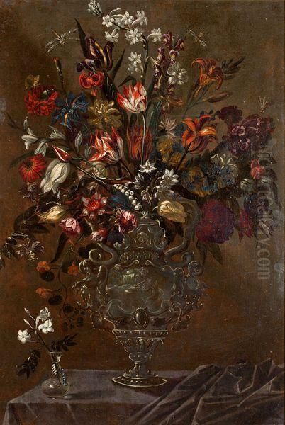 Fleurs Dans Un Vase D'argent Oil Painting by Mario Nuzzi Mario Dei Fiori