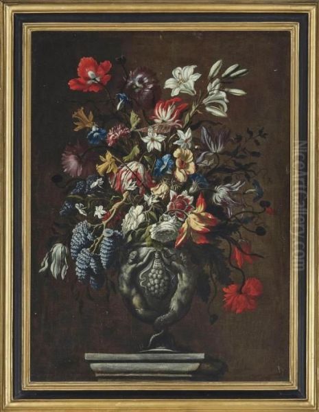 Tulips, Carnations, Narcissi, 
Poppies, Jasmin, Convulvulus And Other Flowers In A Sculpted Urn On A 
Plinth Oil Painting by Mario Nuzzi Mario Dei Fiori