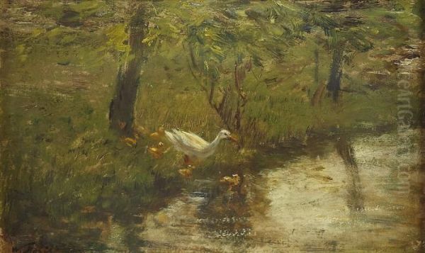 Ducks And Ducklings On A Riverbank Oil Painting by Willem Maris