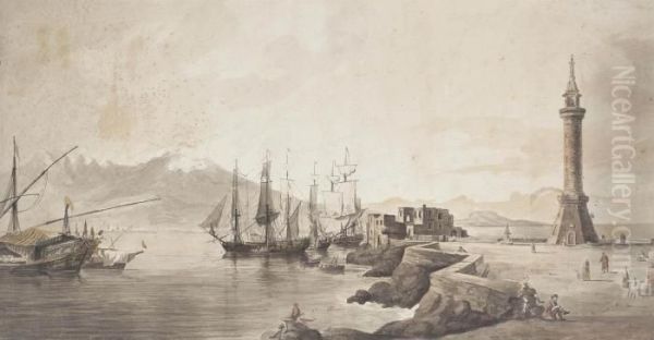 Shipping In The Bay Of Naples With The Old Molo, Vesuvius Oil Painting by William Marlow