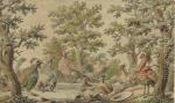 Fantastic Birds Frolicking In A Wooded Landscape Oil Painting by Daniel the Elder Marot