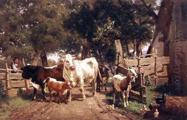 A Farmyard Scene Oil Painting by Eduard Weichberger