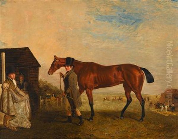 'pastime' A Bay Filly, Led By One Of Her Trainers, With A Groom In Attendance Oil Painting by Benjamin Marshall