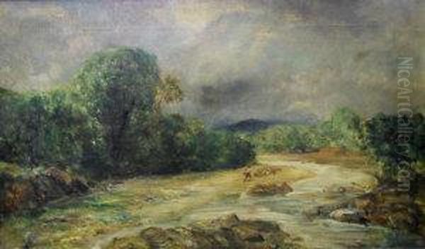 Figure By A Stream In A Mountain Landscape Oil Painting by Ramon Marti Y Alsina