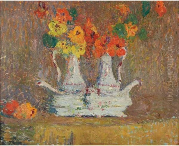 Nasturtiums In Porcelain Cruets Oil Painting by Henri Martin