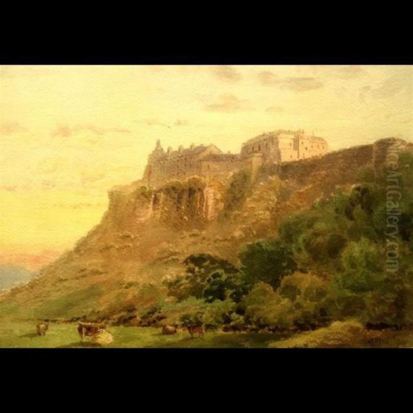 Grazing Cattle Below Fortress Oil Painting by Henry Martin