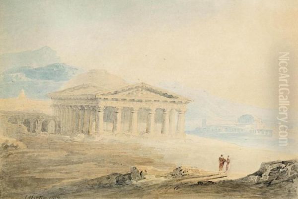 Figures In Classical Dress Standing Before A Temple Oil Painting by John Martin