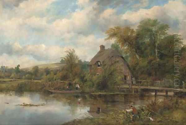 Figures in a boat by a Suffolk cottage Oil Painting by Frederick William Watts