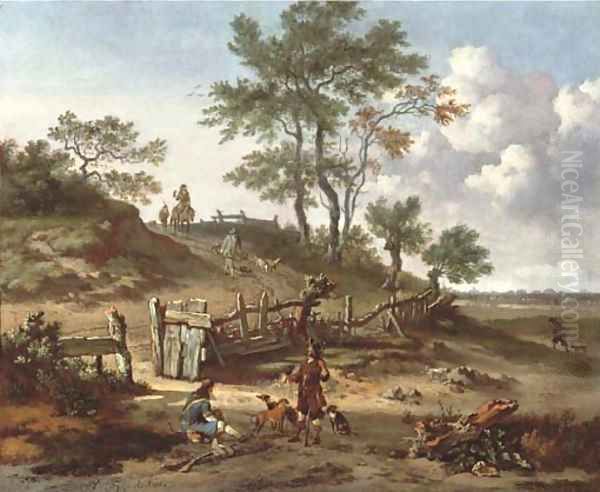 A hilly landscape with a huntsman and a falconer resting by a gate and other huntsmen on a path Oil Painting by Jan Wijnants