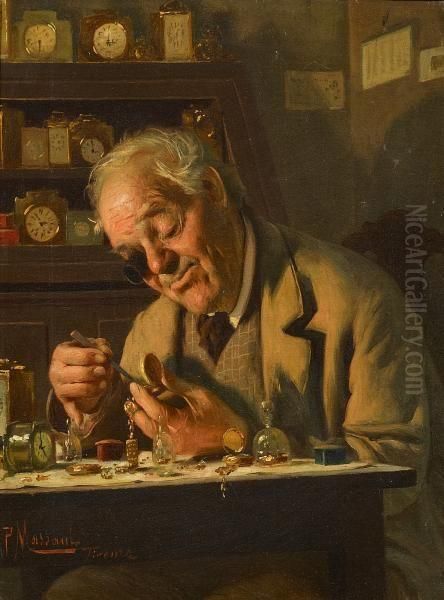 An Elderly Watchmaker At Work Oil Painting by Pompeo Massini