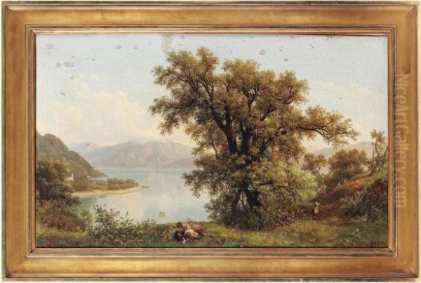 A Child And Hound Resting By A Lake In A Mountainous Landscape, A Village Beyond Oil Painting by D'Azeglio Massimo