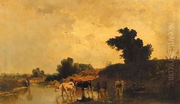 Cattle fording a pond in summer Oil Painting by Joseph Wenglein